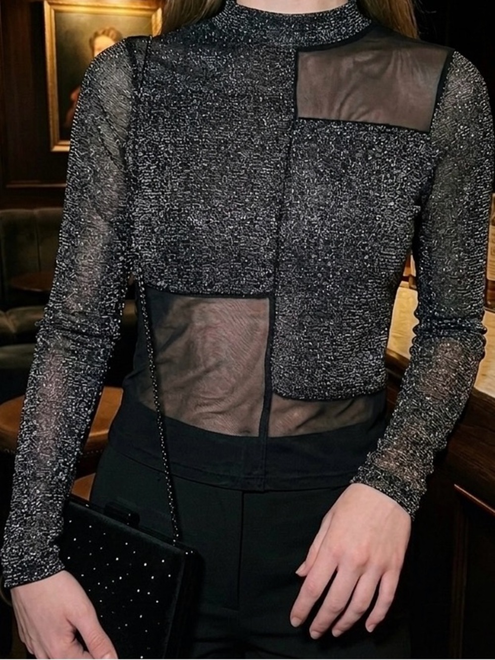 black/silver sheer mesh metallic patchwork long sleeve top | fits like size XS